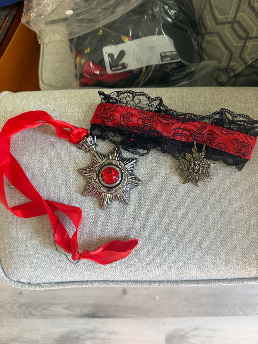 Red and Black Lace Choker Necklace with Medallion Pendant